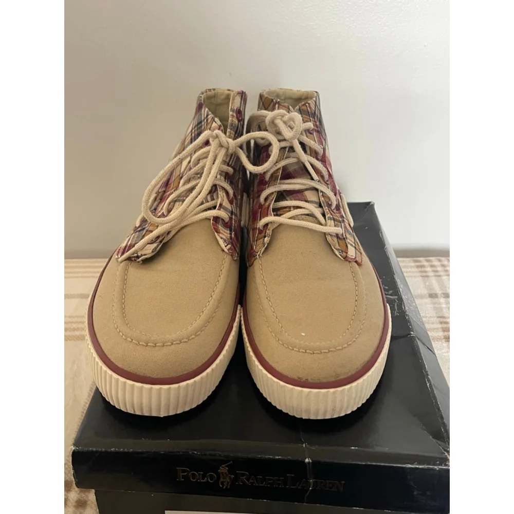 Polo Ralph Lauren Lander Chukka Boots Mens 8D Madras Plaid Tan Canvas